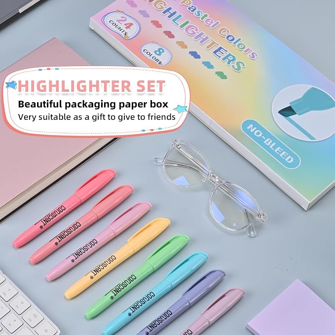 coruscant Pastel Highlighters Set, 8 Assorted Colors, 24 Pack, Chisel Tip Cute Highlighters, Dry Quickly, for Journal Bible Study,school Office Supplies