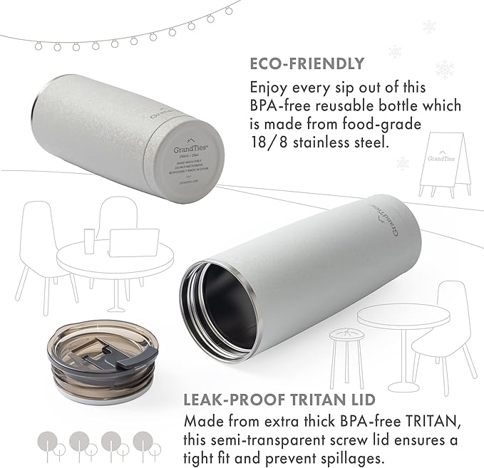 GRANDTIES Insulated Coffee Tumbler Cup w/Tritan Lid | Leak Proof, Reusable, Double Walled Vacuum Stainless Steel Travel Mug | 20oz (Snowy: Pearl)