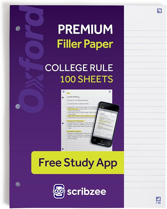 Oxford Loose Leaf Paper with Free Study App, 100 Sheets of College Ruled 8.5" x 11", 3 Hole Punched Notebook Paper, Ultra Smooth with No Ink Bleed-Through