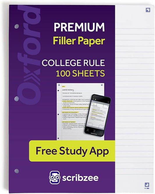 Oxford Loose Leaf Paper with Free Study App, 100 Sheets of College Ruled 8.5" x 11", 3 Hole Punched Notebook Paper, Ultra Smooth with No Ink Bleed-Through