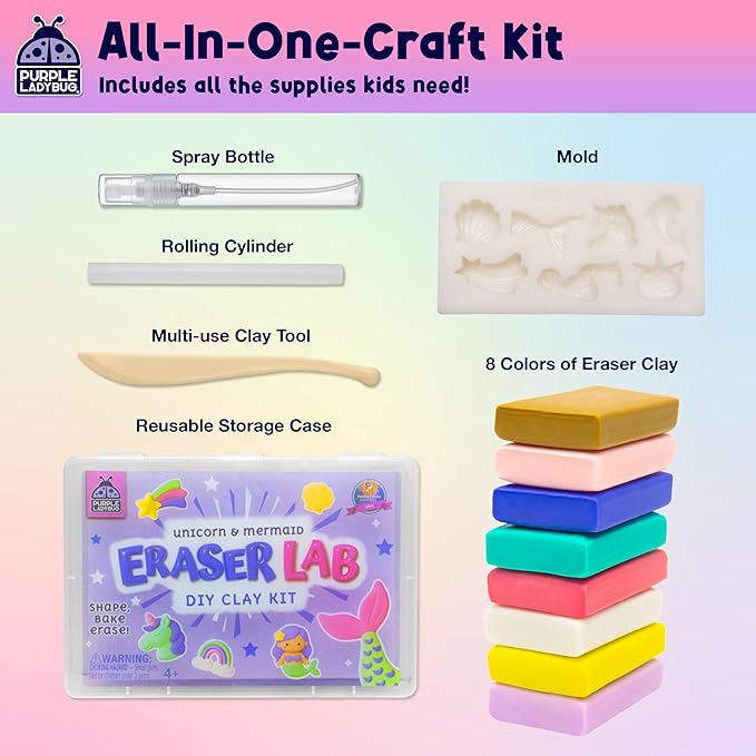 PURPLE LADYBUG Eraser Lab Mermaid & Unicorn Eraser Making Kit - Birthday Gift for Girls Ages 5-10, Make Your Own DIY Clay Eraser Kit, Gift for 7 Year Old Girl, Back to School Supply