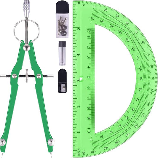 Compass and Protractor Set, Professional Drawing Compass Tool, Metal Compass with Extra Refills, Compass for Geometry and 6 Inch Math Protractors 180 Degree (Green)