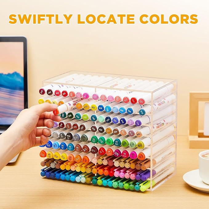 MotiMind Acrylic Marker Organizer for 126 Marker, Large Art Pencil Holder Storage Rack for Desk, Pens Art Brushes Display Stand with 18 Compartments for Desktop, Office (clear, 126 Capacity)