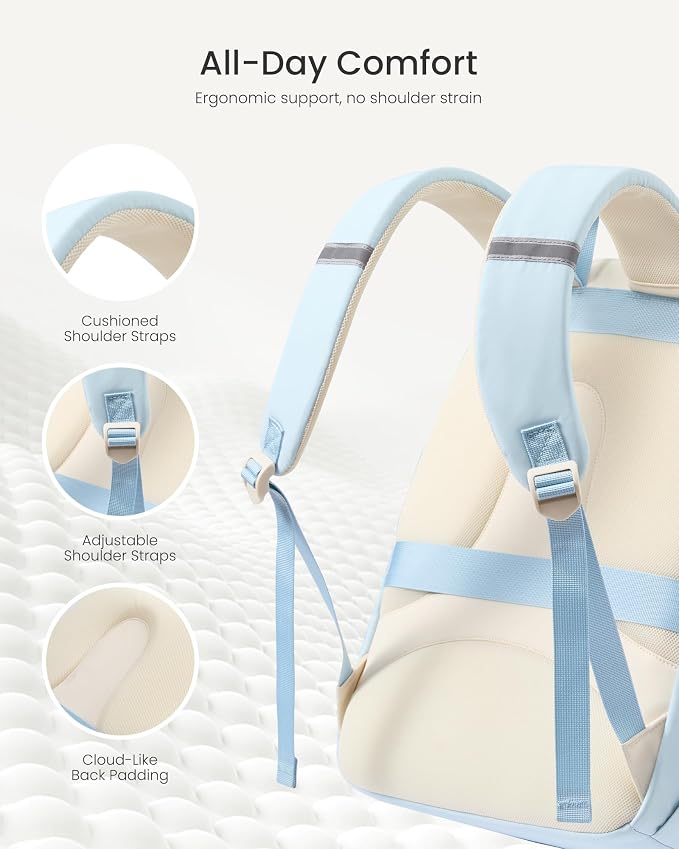 LOVEVOOK School Backpack for Teen Girls & College Students, Large Capacity Laptop Backpack with Water Bottle Holder, Lightweight Bookbag for School, Travel & Everyday Use, Beige-Light Blue