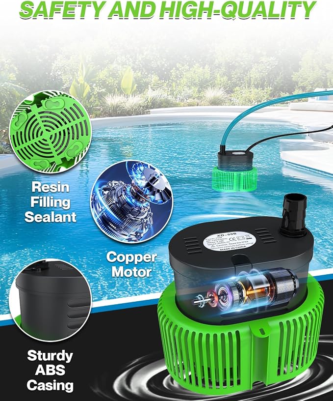 AgiiMan 850GPH Pool Cover Pump, Submersible Sump Pump above Ground | 16FT Drain Hose, 25FT Power Cord, 3 Adapters, Compact Design, Fast Water Removal for Pool Covers and Above Ground Pools