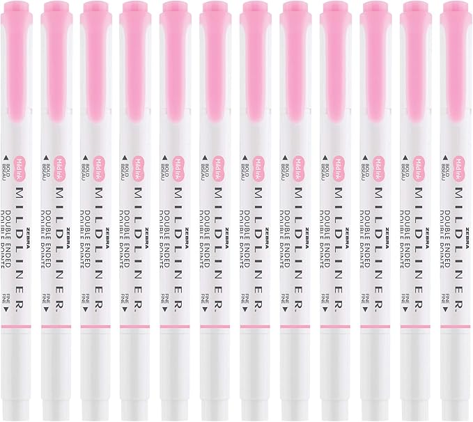 Zebra Pen Mildliner Dual-Tip Highlighters, Broad and Fine Tips, Ideal for Bible Highlighting, No Bleed, School Supplies, Teacher Supplies, and Office Supplies, Mild Pink Ink, 12-Pack (78170upc)