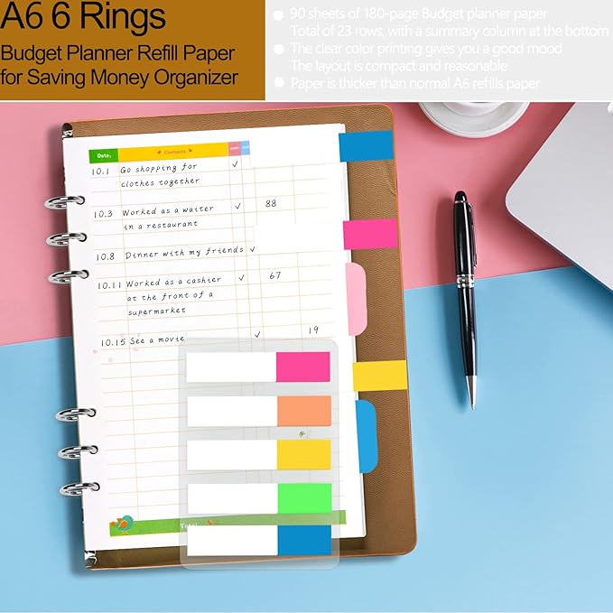 Rancco A6 Budget Planner Refill Paper, 90 Pages Colorful 6-Ring Binder Expense Tracker Inner Page Financial Planner w/Binder Divider, Pouch, Ruler, Index Tab for Budgeting Book, Double-sided,6.9x3.7"
