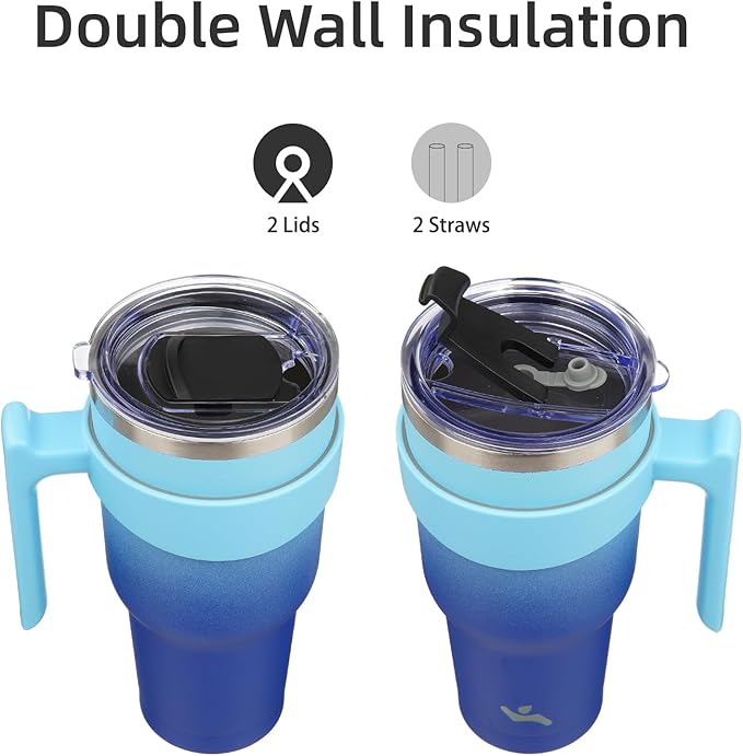 Konokyo 30 oz Tumbler with Handle and 2 Straw 2 Lid, Insulated Water Bottle Stainless Steel Vacuum Cup Reusable Travel Mug,Sky