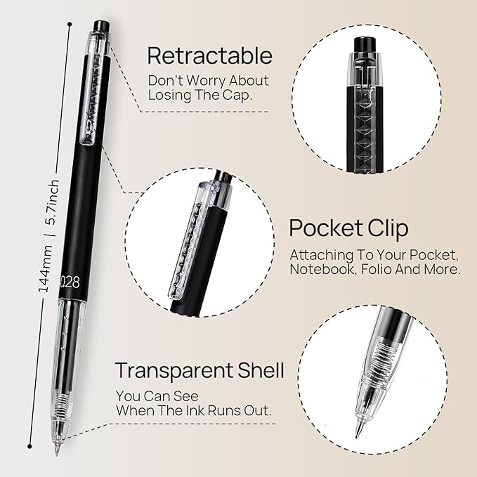 Retractable Gel Roller Pens, Japanese Style, 0.28mm Ultra Fine Point, Quick Dry Black Gel Ink, Precise and smooth writing, 8-Count Pack