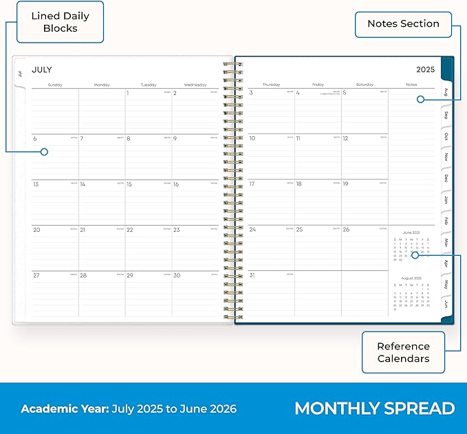 Blue Sky 2025-2026 Weekly and Monthly Academic Year Planner Calendar, July 2025 - June 2026, 8.5" x 11", Flexible Cover, Wirebound, Storage Pocket, Bakah Blue