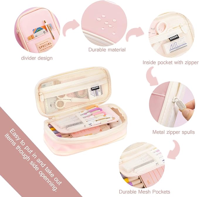 MAMUNU Expandable Pencil case with compartments, Large Capacity Pencil Cases Pencil Bag Pouch Office School, Portable Pencil Case Large School Stationery Organizer, Makeup Cosmetic Bag, Pink