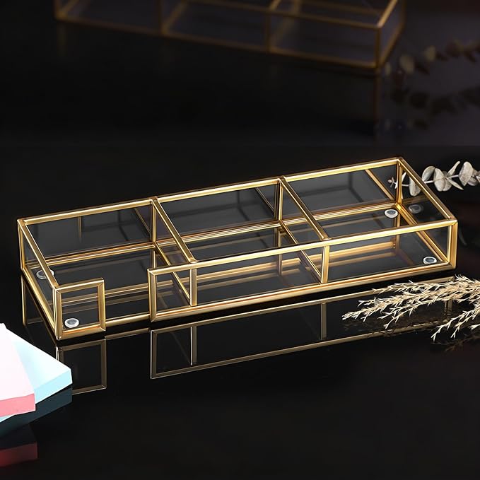 BTSKY Golden Glass 3 In 1 3x3 Inch Sticky Note Holder, Elegant Post It Note Dispenser Paper Clip Holder with Non-Slip Pads Clear Notepad Holder for Desk Organization Planning, Home Office Decor