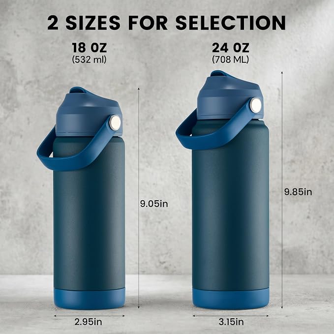 Fijinhom 18 oz Insulated Water Bottle with Straw Lid, Stainless Steel Water Bottles, Double Wall Vacuum, Portable Handle & Non-slip Bottom, BPA Free Leak Proof Metal Bottles, Keep Cold 24H, Dark Blue