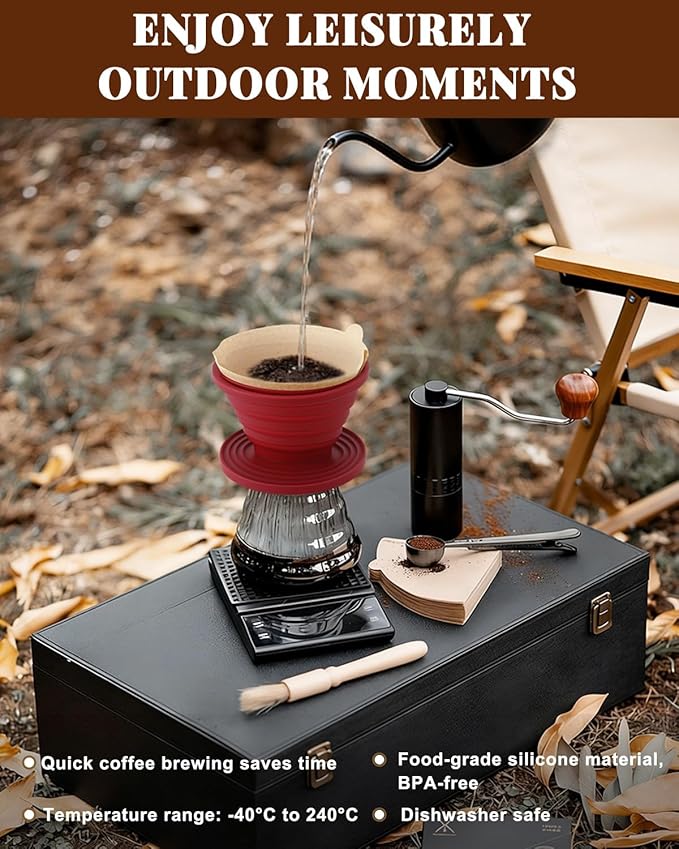 Collapsible Pour Over Coffee Dripper Set, Reusable Pourover Coffee Dripper, Food Grade Silicone Foldable Travel Pour Over with U02 Paper Filters for Camping, Picnic, Traveling (Blue + Red)