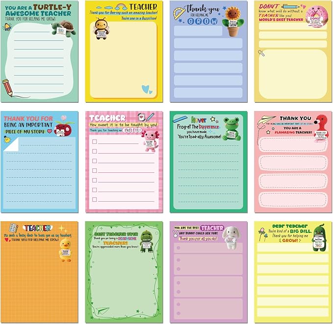 Pajean 12 Pcs End of Year Teacher Gifts Teacher Appreciation Notepad Gift Sets Lined Notepads to Do List Memo Notepads for Graduation Present Colored Cute Sticky Paper Notes Supplies(Punny Style)