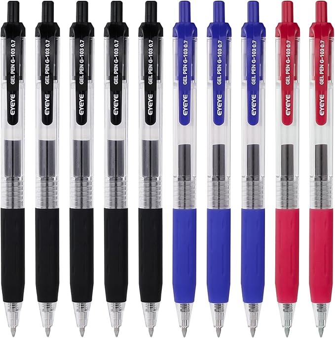 EYEYE G-103 Black Gel Pens 0.7mm, 5 Black 3 Blue 2 Red Retractable Medium Point Ballpoint Pen Quick Drying, Pen Fine Point Smooth Writing Pens for Office School Supplies
