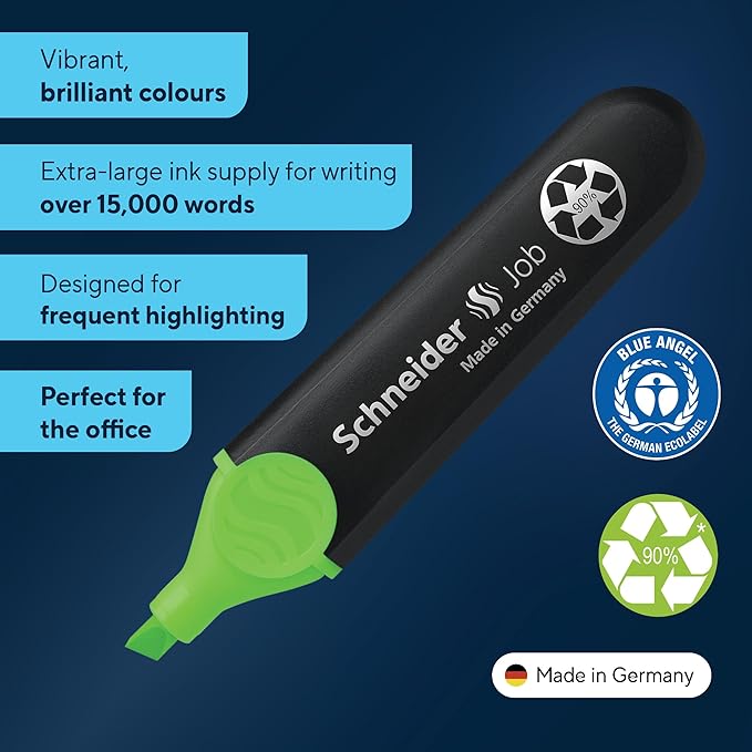 Schneider Job Highlighter, Chisel Tip, 1 + 5 mm, Black Barrel, Green Ink, Box of 10 Highlighters (1504)