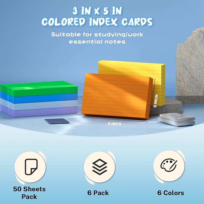 300 Count Colored Index Cards 3x5, 6 Bright Colors Note Cards, Flashcards for Studying, 50 Sheets Per Color, Colored Notecards 3x5 Lined, Colorful Index Cards Ruled for School, College, and Office