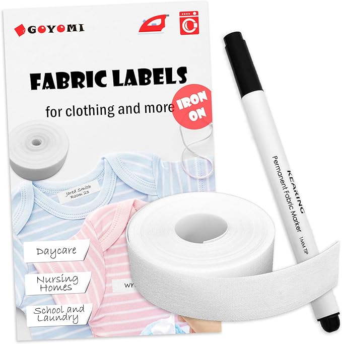 Writable Iron on Clothing Labels, 0.6 inch x 16.4 Ft., Fabric Labels Name Tags for Daycare, Nursing Home, Camp, School, Laundry, Organizing, Washer & Dryer Safe, with 1 Permanent Fabric Marker