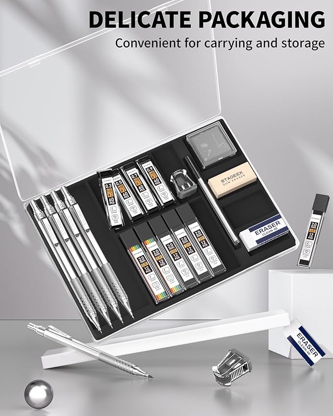 STAGEEK 21PCS Metal Mechanical Pencil Set, Art Lead Pencil 0.3, 0.5, 0.7, 0.9, 2mm Holder(HB 2H 2B 4B Color) with 10 Tubes Graphite Lead Refills Eraser with Case for Drafting Drawing Sketching