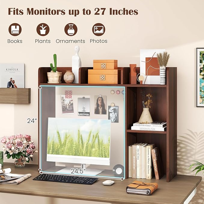 Giantex Desktop Bookshelf, Wood Desk Hutch Organizer for 27 Inch Computer Monitor, Countertop Storage Display Rack with 5 Shelves, Multipurpose Desktop Shelf Bookcase for Dorm Office Home, Walnut