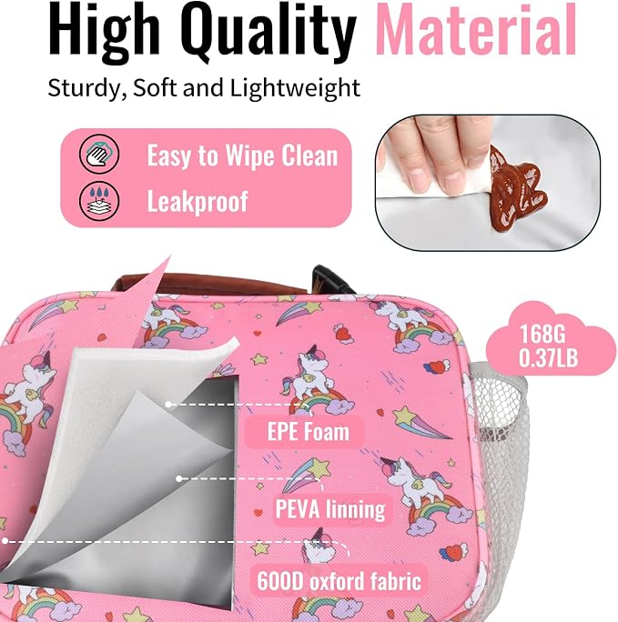 Genteen Lunch Box for Kids, Boys - Insulated Small LunchBox Reusable, Zip Closure & Buckle Handle, Portable Cooler for Work, School, Travel (Unicorn)