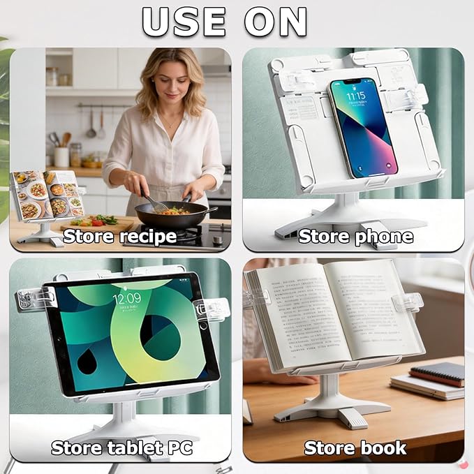 Adjustable Book Stand for Reading,160° Rotating Hands Free Book Stand,Adjustable Height and Angle Recipe Book Holder, with Extendable Page Clips, for Tablet,Laptop,Magazine,Recipe