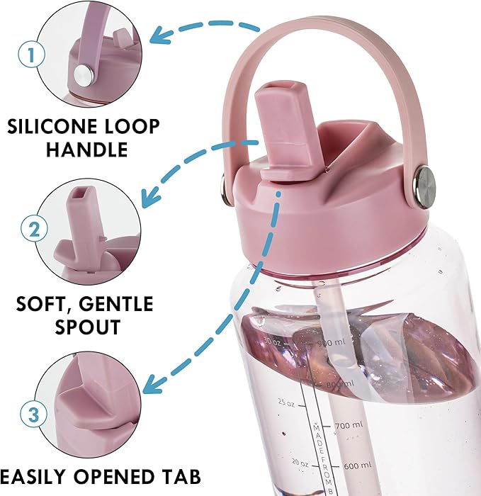 OLDLEY 32 oz Clear Water Bottle with Straw,Tritan BPA-Free, Wide Mouth, Leak Proof - for Gym, Travel, Home, School, Office (Pink)