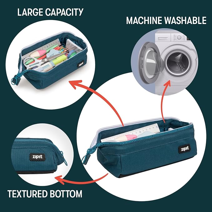 ZIPIT Lenny Pencil Case, Wide-Opening Zipper Pouch for Girls and Boys, Teal | Aesthetic pouch for school, machine washable, colorful lining, holds 55 pens & pencils, doubles as a makeup case for travel