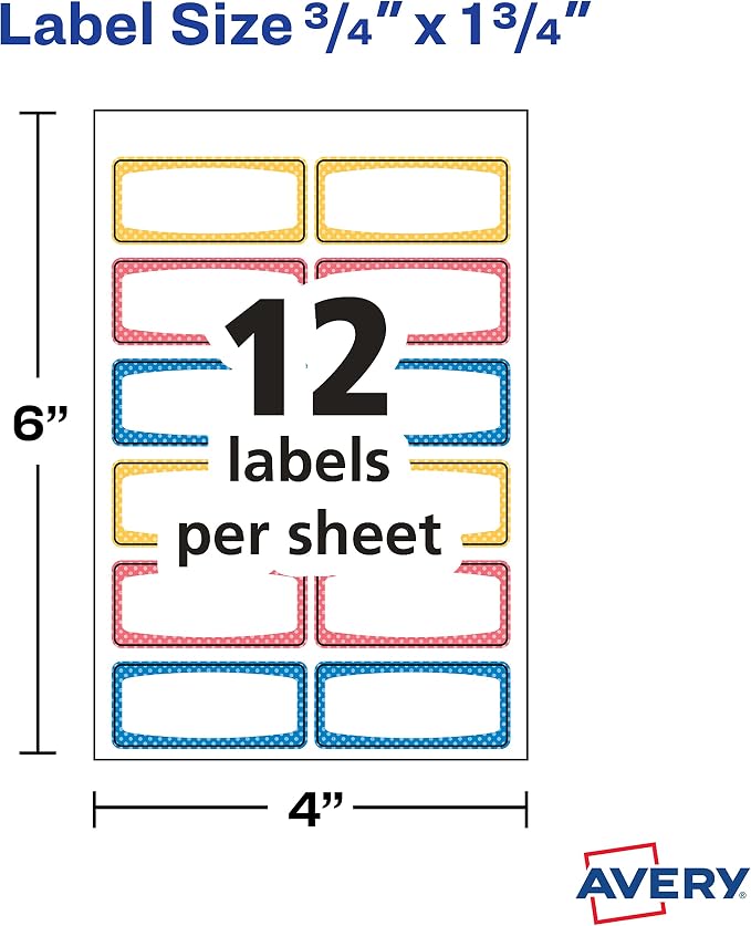 Avery Durable Labels for Kids' Gear, 3/4" x 1-3/4", Assorted Border Colors, Water-Resistant Labels, 60 Count (41442), (Pack of 2)