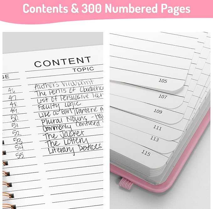 Forvencer Lined Spiral Journal Notebook with 300 Numbered Pages, A5 Thick Journals for Writing with 100GSM Paper, Hardcover Notebooks with Contents for Work, School, Women, Men, Pink