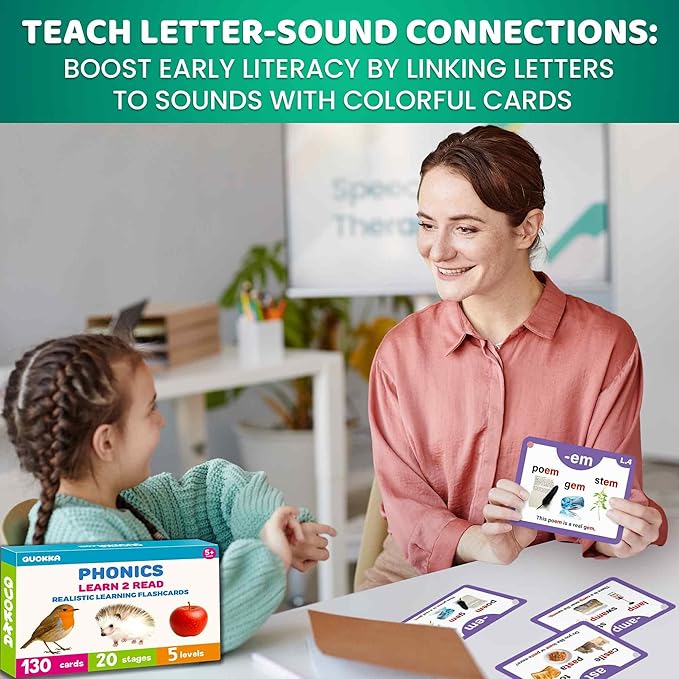 QUOKKA Phonics Flash Cards for Kids Ages 4-8 – 20 Phonic Stages 130 Card Games for Kids Ages 3-5 and 6-8 – Learn to Read Games & Reading Manipulatives for Phonemic Awareness – Alphabet CVC Blends etc