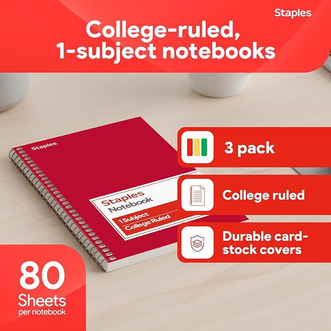 STAPLES 1‑Subject Spiral Notebook, College Ruled, 80 Sheets, Assorted Colors, 3‑Pack