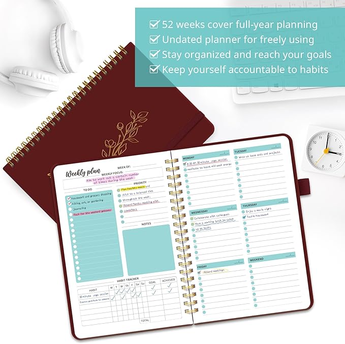 Taja Undated Weekly Planner, Weekly To Do List Notebook with Goal & Habit Tracker Organizer, A5 Weekly Planner Notebook with Spiral Binding, 6.1" x 8.2" - Burgundy