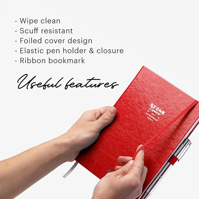 Stone Journal Explorer Notebook – A5 Waterproof Paper Field Journal, Vegan Leather Hardcover, 144 Pages Alternating Ruled & Dot Grid, Back Pocket, Weather-Resistant (Red)