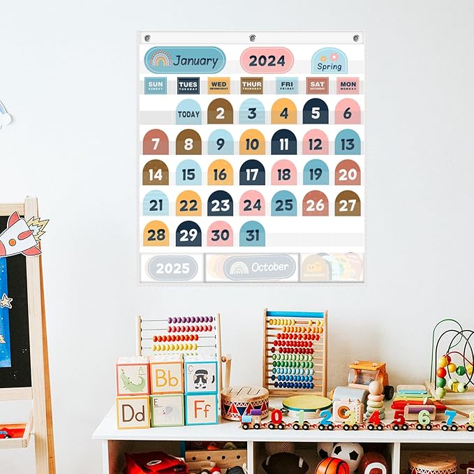 Classroom Calendar Pocket Chart No Cards - White Monthly Pocket Chart for Kid Learning for Home Teacher&School supplies and Classroom Décor, Preschool Kindergarten Classroom Must Haves