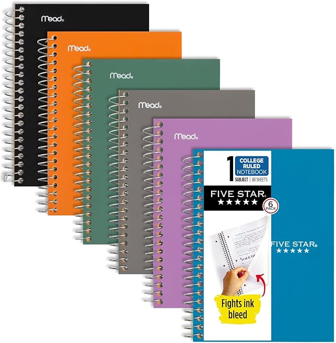 Five Star Spiral Notebooks, 6 Pack, 1 Subject, College Ruled Paper, 7" x 4-3/8", Personal Size, 80 Sheets, Purple, Orange, Green, Blue, Gray, Black (450048A-ECM)
