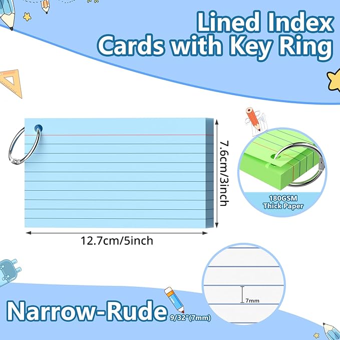 Index Cards 3x5 Inch With Ring, 300 Count, Ruled Colored Index Card, 180GSM Flash Cards College Ruled for Students, Teachers, Study Note Card for Office, Home, School, Office