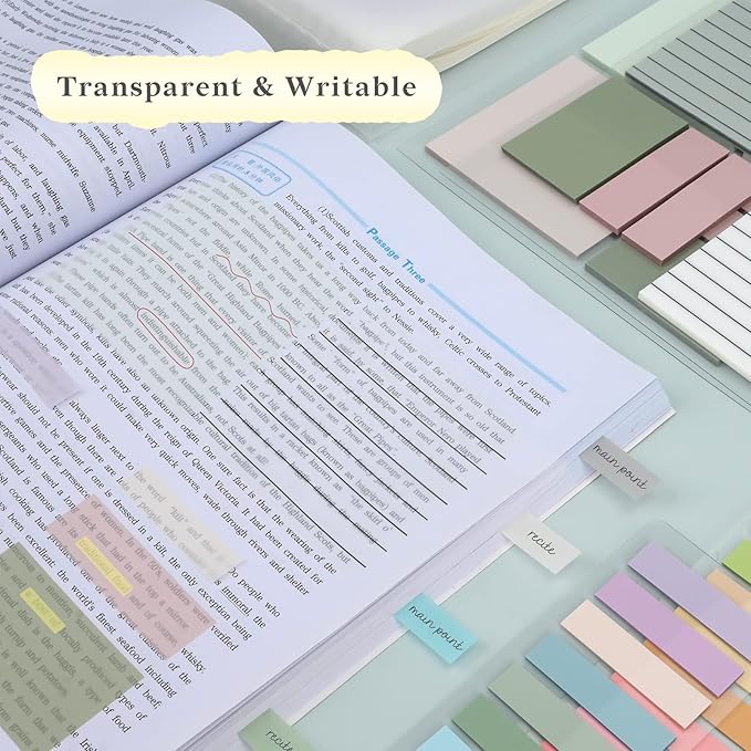 Temiary 1000 Sheets Transparent Pastel Sticky Notes with Lines, 3 x 3 inch Clear Sticky Note Waterproof See Through Memo Pad, Translucent Writable Index Book Tabs for Annotating Supplies