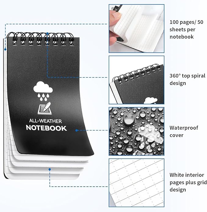 COIDEA 6 Pack Waterproof Notebook, 3 x 5 Pocket Notepad, Top-Spiral Weatherproof NotePad, All Weather Police Pocket Notebook Little Memo Steno Note Pads for Outdoor Office School Recording