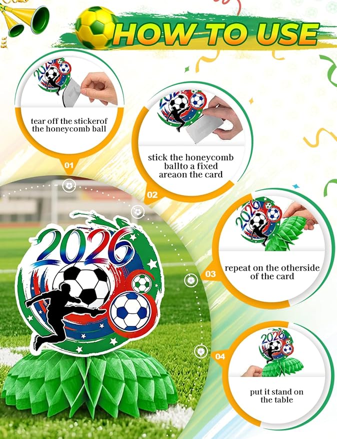 Soccer Table Decorations, 9PCS Soccer Centerpieces for Table, Green Red Blue Honeycomb Centerpieces, 3D Sports Themed Party Decorations for Game Day, Birthday & Sports Watch Party Supplies