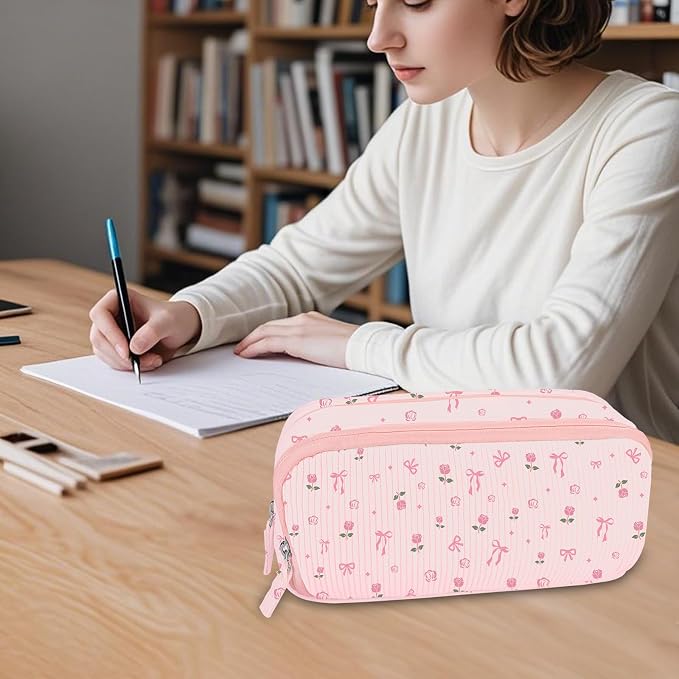 FINPAC Pencil Case, Corduroy Triangle Makeup Bag, Kawaii Pen Bag Pouch Holder Box Organize for Study, Office, or Travel (Pink Rose Bow 2)