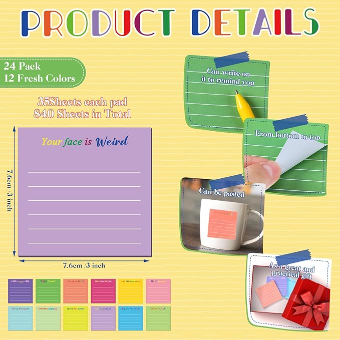 Yinder 24 Pcs Inspirational Sticky Notes Cute Motivational Sticky Notes Pad End of Year Employee Appreciation Gifts Bulk for Teacher Nurse Coworkers Office Supplies 3 x 3'' (Funny,Dark Color)