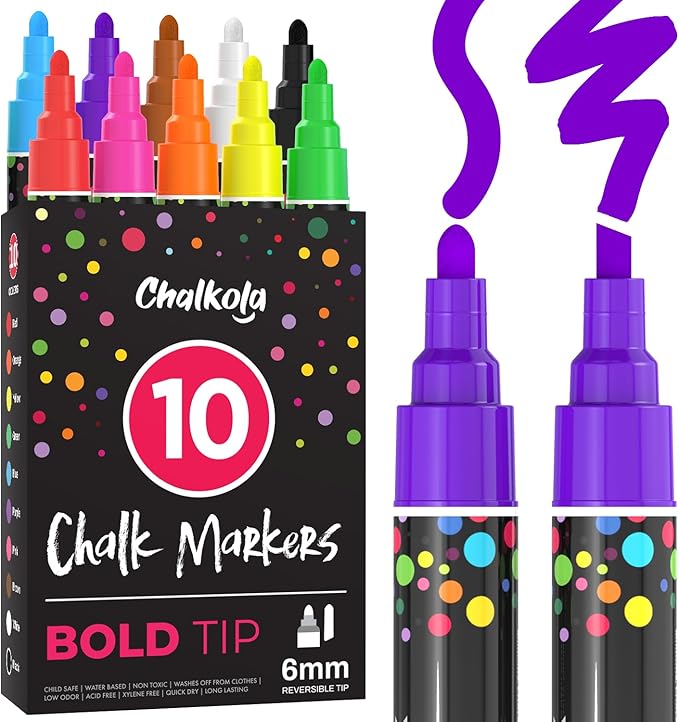 Chalkola 10 Liquid Chalk Markers for Blackboard - (10 pack, 6mm Reversible Tip) | Chalkboard Markers Erasable for Window, Glass, Car, Mirror, Wall Calendar - Non Toxic, Washable, Wet Erase Chalk Pens