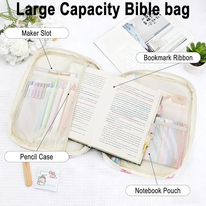 Bible Cover Case Study Supplies for Women Gifts Large Bible Cover with Highlighters Pens Tabs Cute Quilted Carrying Case Journal Kit Accessories Christian Gifts Sticky Notes C
