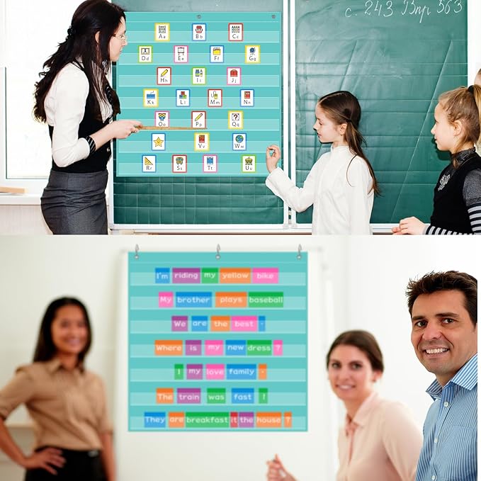 Standard Pocket Chart 28 x 28 Inches Transparent 7 Pocket Charts for Word Walls Letter Cards Sentence Strips School Classroom Supplies Home Back to School Teacher Gifts(Aqua Green)