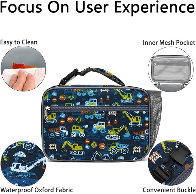 GYEUKHAM Insulated Lunch Box for School, Thermal Reusable Durable Freezable Lunch Bags for Kids Boys Girls Men Women - Small Soft Cooler Portable Lunch Tote Kit for Work Picnic Travel,Excavator