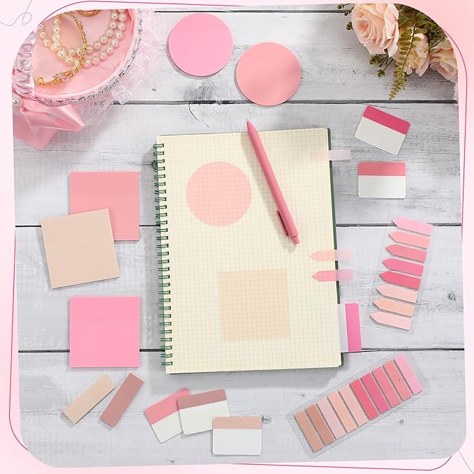 Glenmal Transparent Sticky Note Set 910 Sheets Translucent Clear Self-Adhesive Sticky Notes Bulk Gradient Color Waterproof for Bible Tabs Book Tabs Office Study Supplies Book Annotation (Pink)
