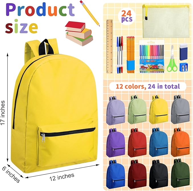 Silkfly Multicolor 24 Pack 17'' Backpacks Bulk with 24 Stationery Supply Sets, Bookbags and Writing Accessories Kit for Donation
