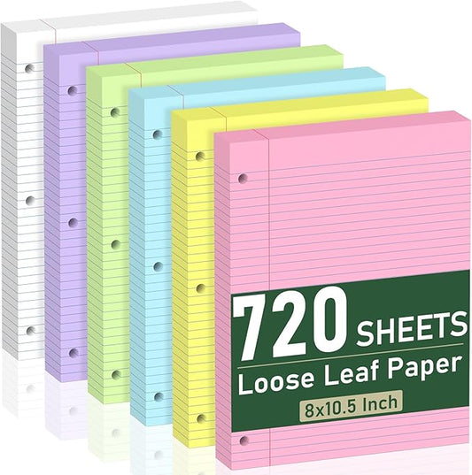720 Sheets Loose Leaf Paper, 6-Color Lined Paper Notebooks, 8 x 10.5 College Ruled Filler Paper, 3-Hole Punched Binder Paper, Double-Side Printed Writing Paper Notepads for Home, Office, School